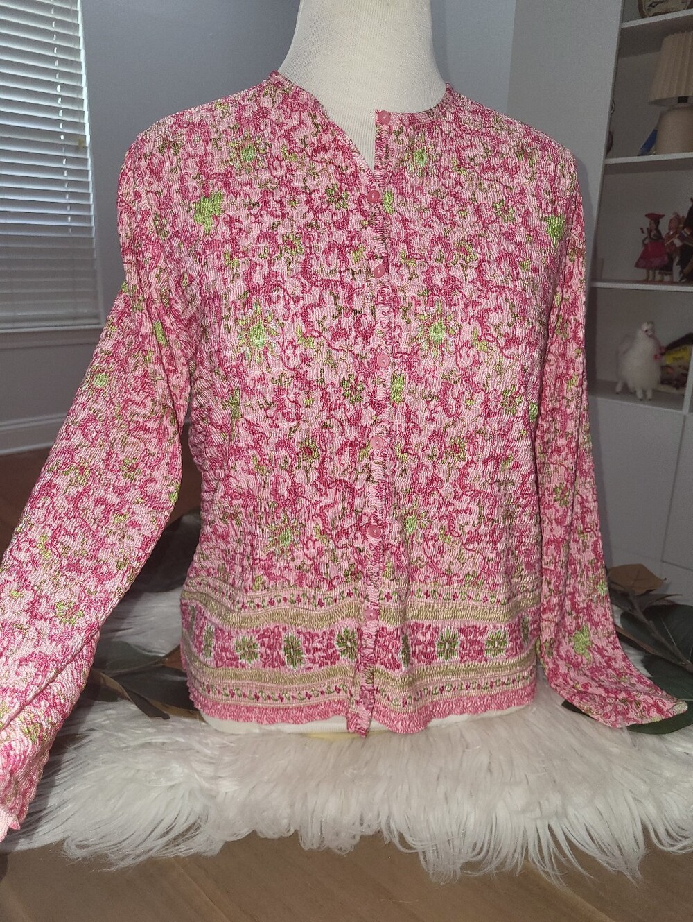 Pleat Pleat By RAFAEL Pink Floral Long-Sleeve Women's pleated Blouse Top Sz. M
